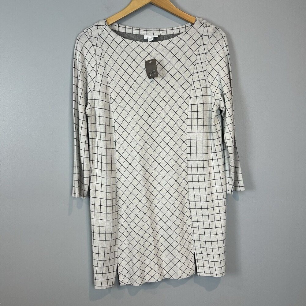 J Jill Ponte Cream & Black Windowpane Pullover Tunic Top Size Med Boatneck NWT